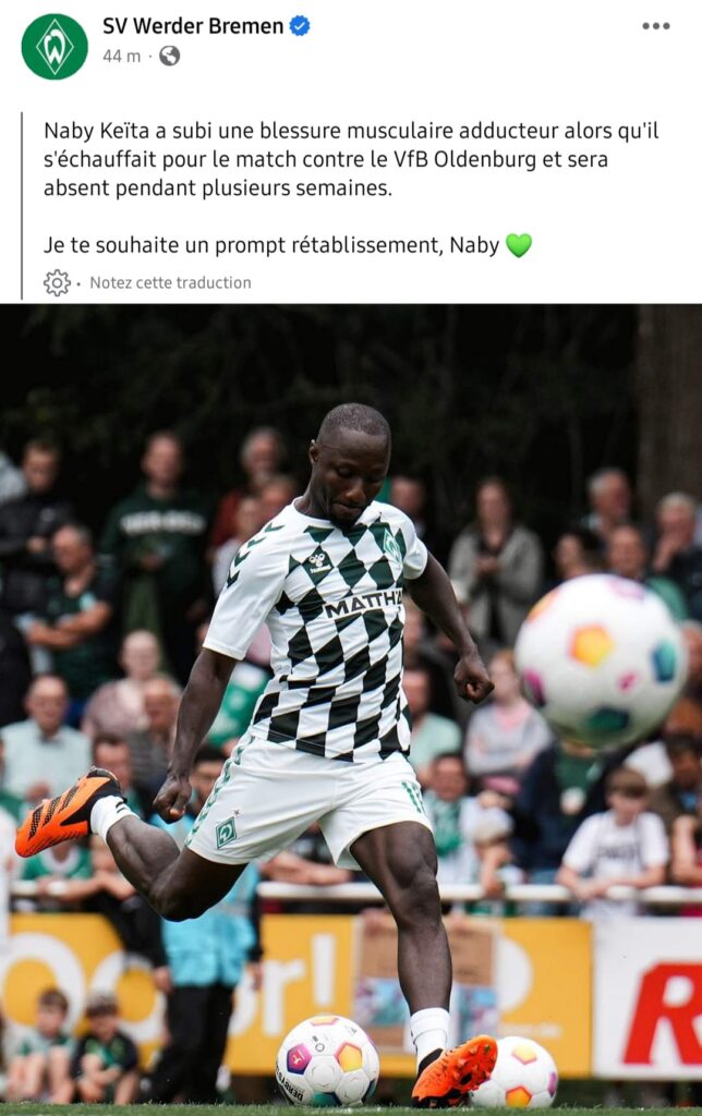 Le Werder Bremen a communiqué sur la blessure de Naby Keita.